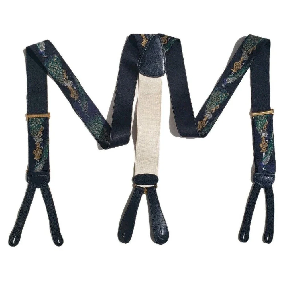 Trafalgar VG authentic black peacock urn feathers silk leather braces suspenders - Picture 1 of 16